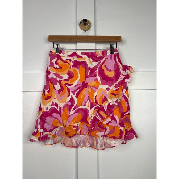 NWT Cami Nyc Mika Ruffled Lined Retro Floral Pink and Orange Mini Skirt - Picture 2 of 8